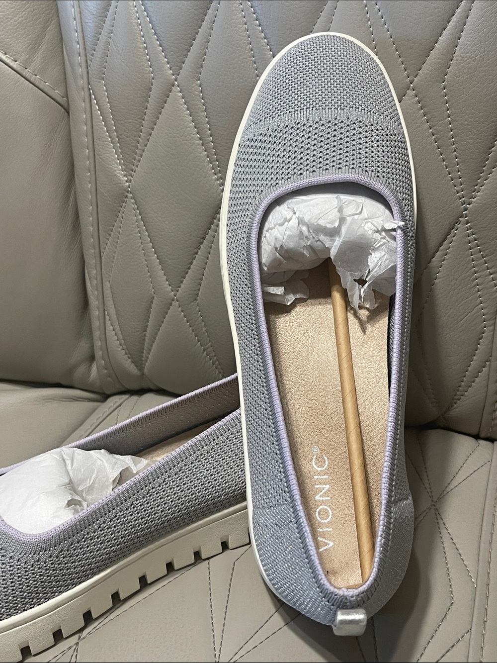 Vionic Women’s Slip-On Knit Flat — Light Gray with lilac - Picture 10 of 11